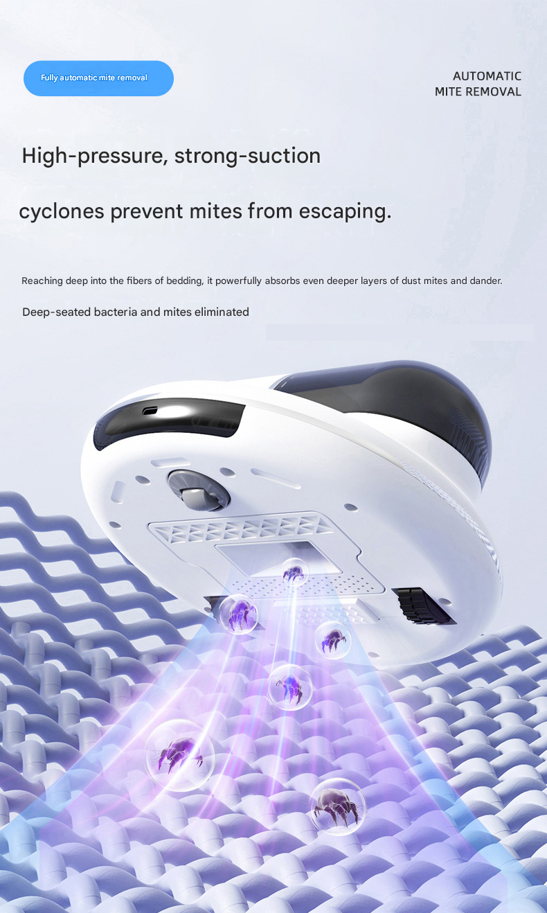 White Automatic Intelligent Walking Mite Removal Robot - UV Sterilisation, High Frequency Beating, Strong Suction, Wireless Rechargeable Bed Vacuum for Mattress, Sofa, Carpet, Pet Hair