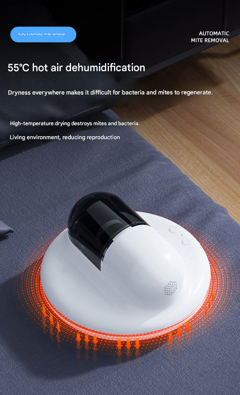 White Automatic Intelligent Walking Mite Removal Robot - UV Sterilisation, High Frequency Beating, Strong Suction, Wireless Rechargeable Bed Vacuum for Mattress, Sofa, Carpet, Pet Hair