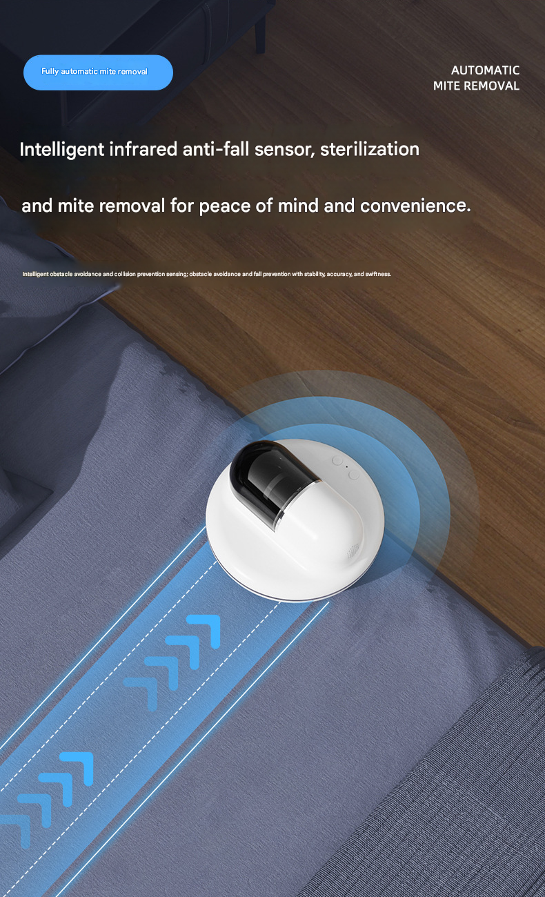 White Automatic Intelligent Walking Mite Removal Robot - UV Sterilisation, High Frequency Beating, Strong Suction, Wireless Rechargeable Bed Vacuum for Mattress, Sofa, Carpet, Pet Hair