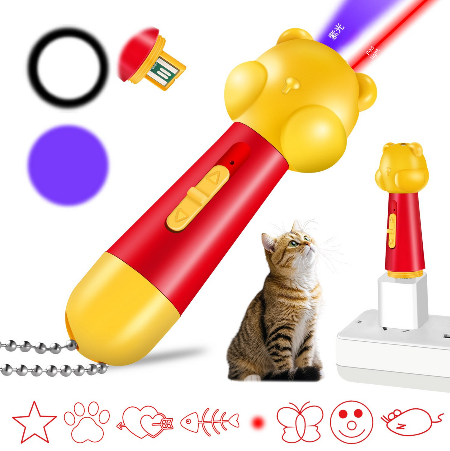 Purple Bear Laser Cat Toy Set - 2 Piece USB Rechargeable Multi Pattern Laser Pointer with UV and White Light for Cats