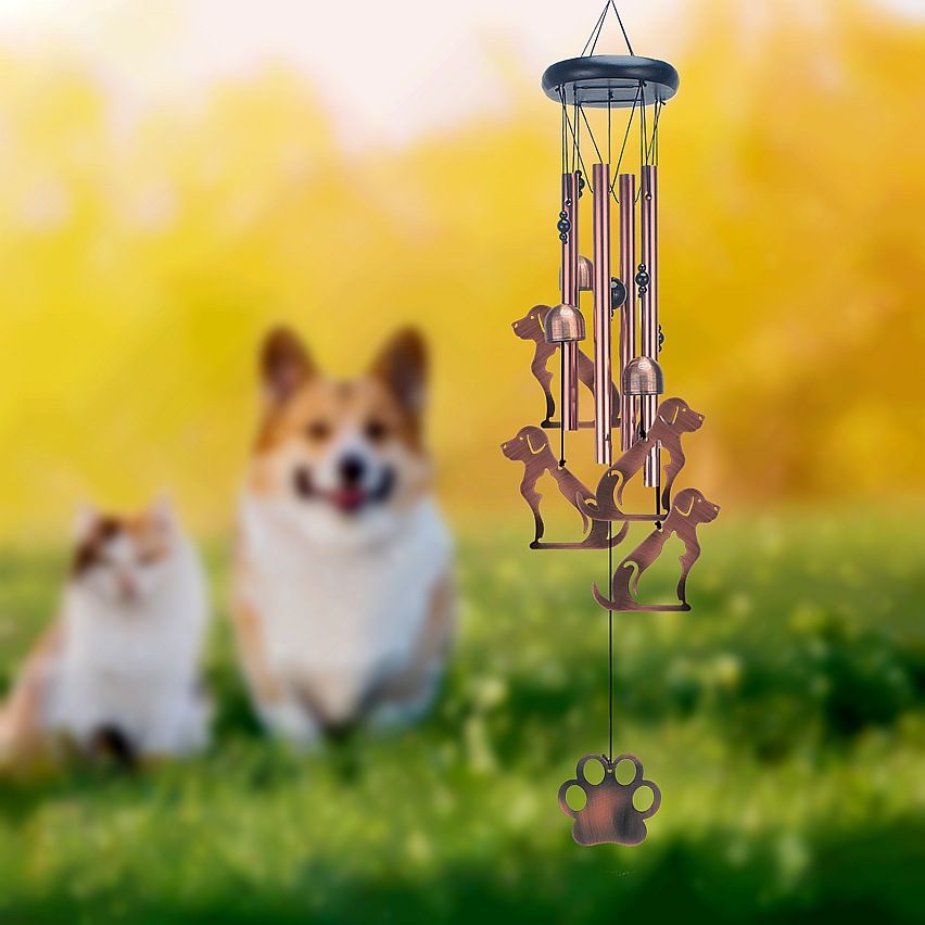 Dog Metal Wind Chime - Adjustable Garden Decorative Bell with Animal Silhouettes and Paw Print(W4301)