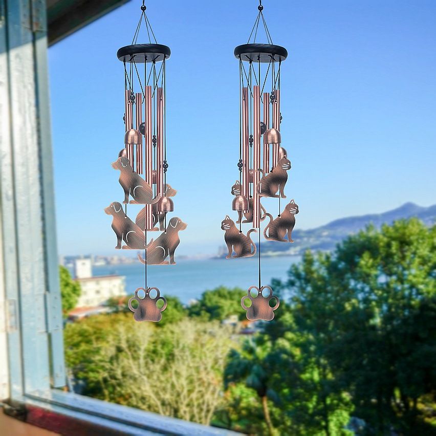 Dog Metal Wind Chime - Adjustable Garden Decorative Bell with Animal Silhouettes and Paw Print(W4301)