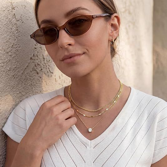 Silver Layered Zircon Necklace Set - Multi Strand Chain Choker with Pendant and Bar Accents Fashion Jewellery