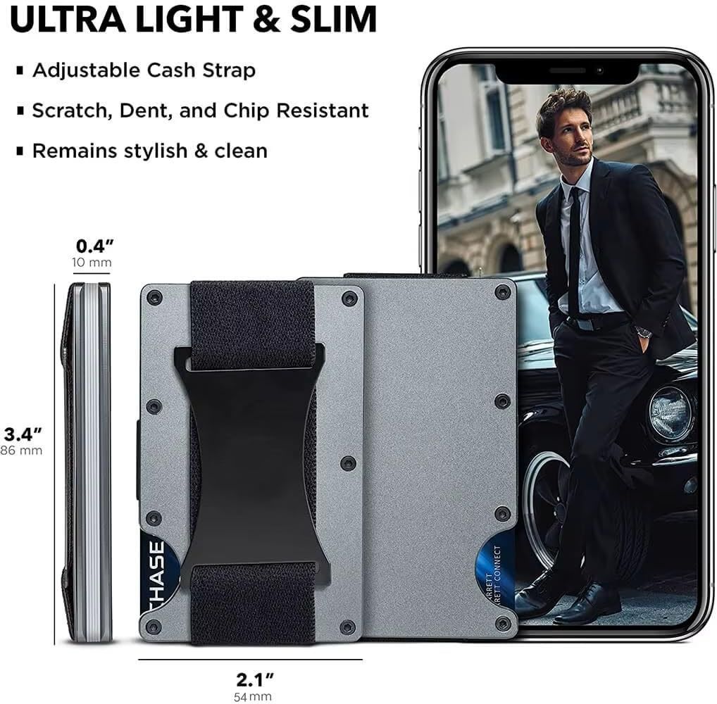 Orange Slim RFID Blocking Aluminum Card Holder - Metal Wallet with Cash Strap Minimalist Card Case