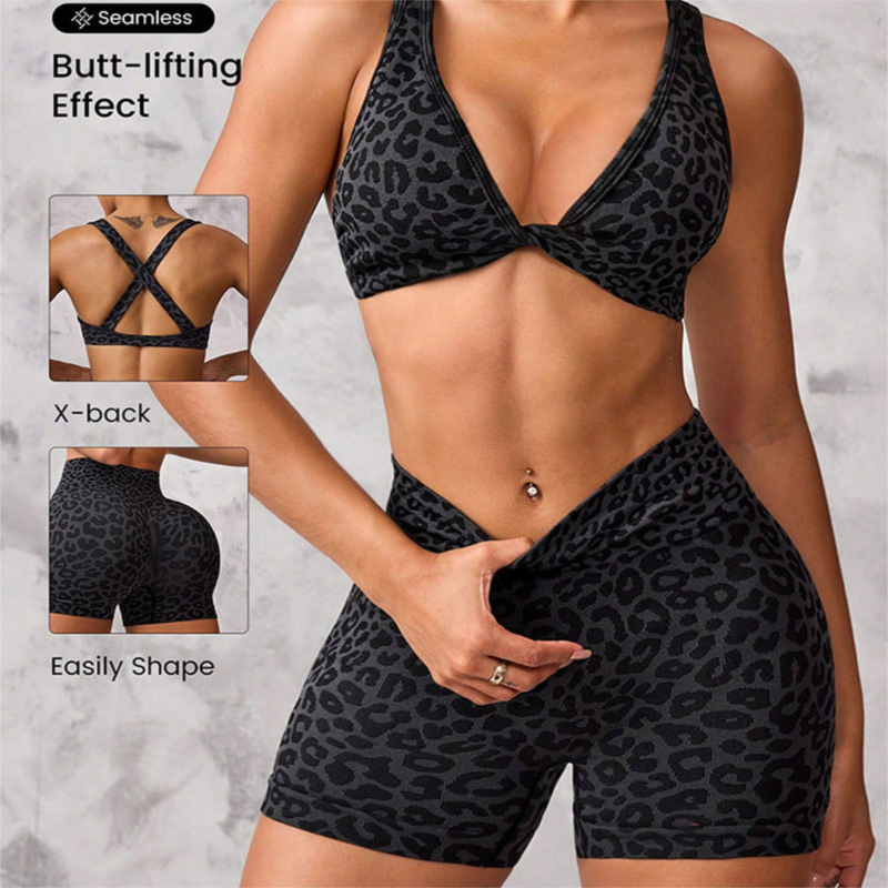 Leopard Print Yoga Set - Twist Front Sports Bra with Criss Cross Back and High Waisted Butt Lifting Shorts(Size:M)
