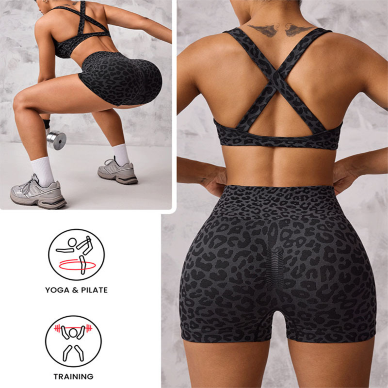 Leopard Print Yoga Set - Twist Front Sports Bra with Criss Cross Back and High Waisted Butt Lifting Shorts(Size:L)