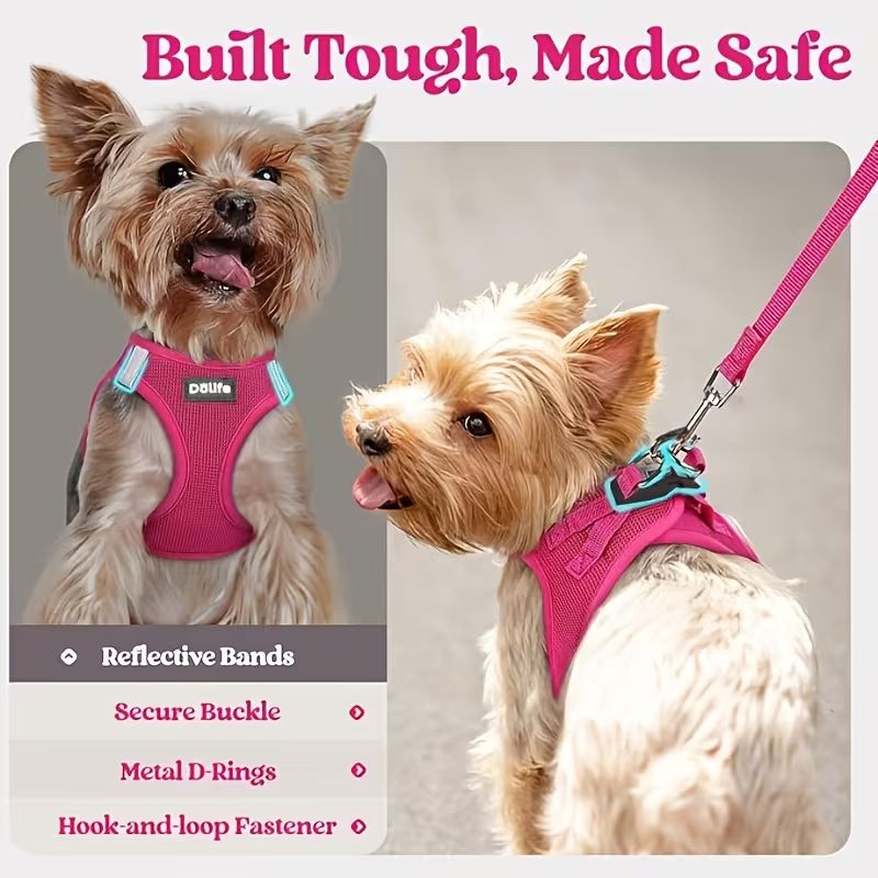 Rose red Breathable Dog Harness and Leash Set - Adjustable Reflective Pet Vest with Swivel Clip(Size: XL)