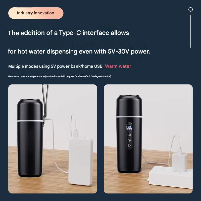 White Portable Car Electric Kettle 12V/24V Universal USB Travel Water Boiler 500ml 316 Stainless Steel Smart Temperature Control