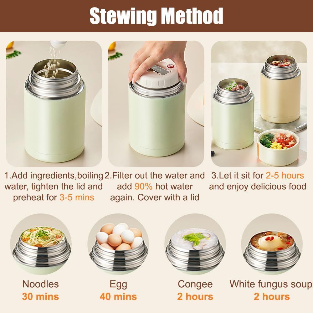 Green 800ml Stainless Steel Thermal Stew Jar Portable Insulated Lunch Pot with Handle – Vacuum Insulated Soup Container(Retractable style)