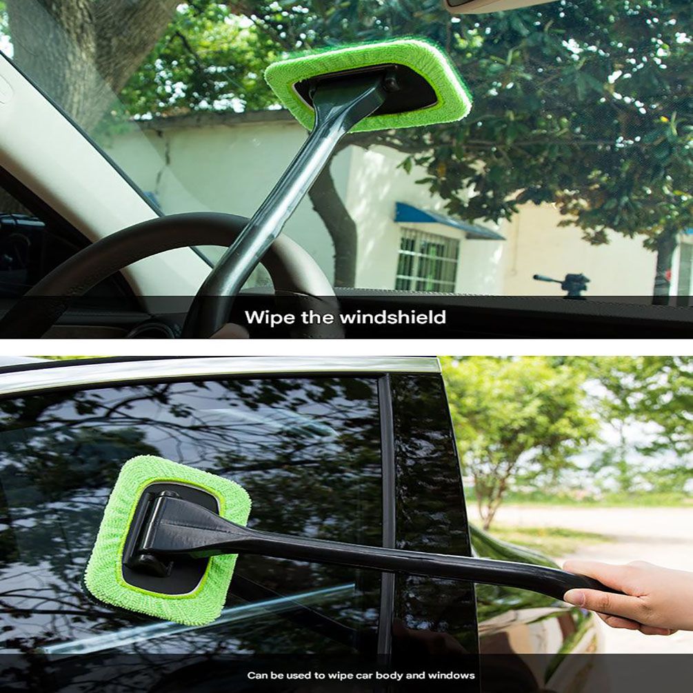 Green Car Windshield Cleaning Brush with 5 Replacement Microfiber Pads Defogging Wiper Tool Glass Cleaner