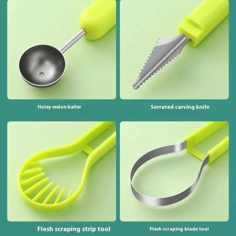 2-Piece Fruit Carving Tool Set Melon Baller Scoop Knife Stainless Steel(Yellow, blue and green)
