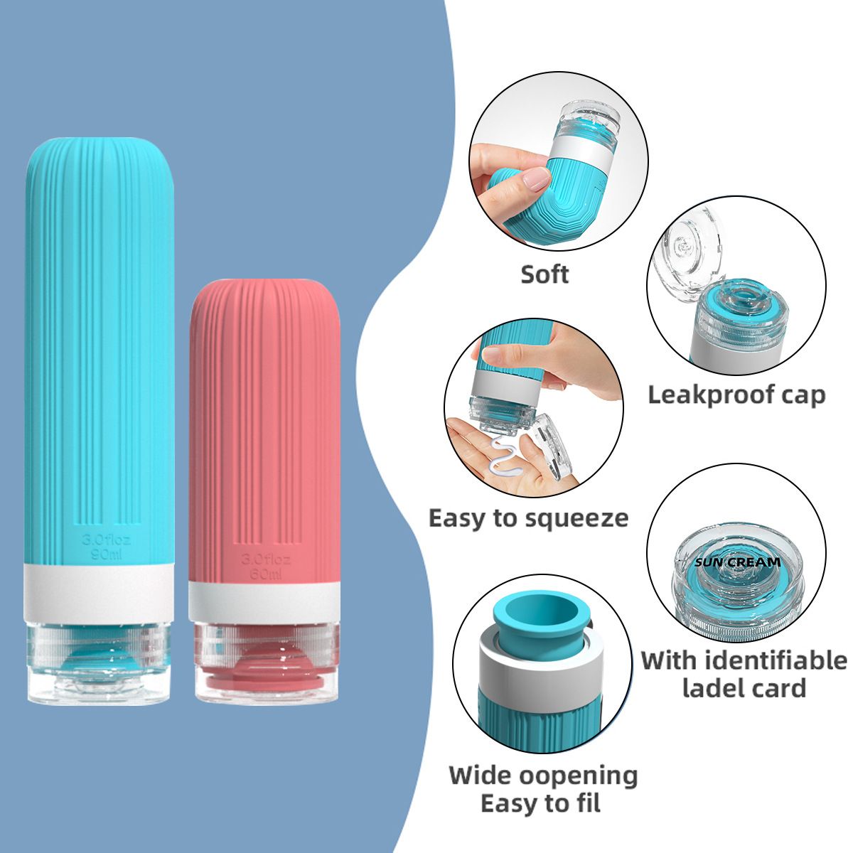 Silicone Travel Toiletry Bottles Set Leakproof Squeeze Containers with Case(08)
