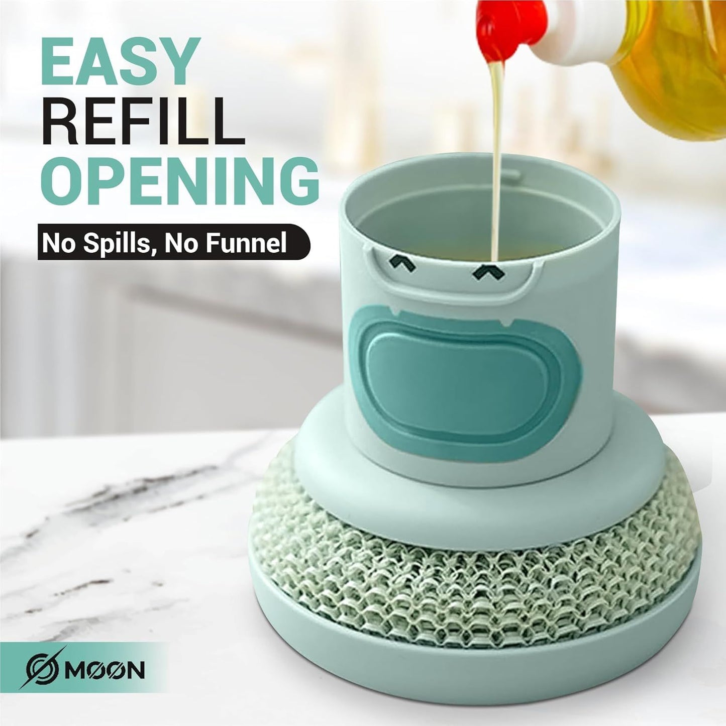 Green Cartoon Press Dishwashing Brush with Replaceable Sponge Heads Kitchen Pot Cleaner