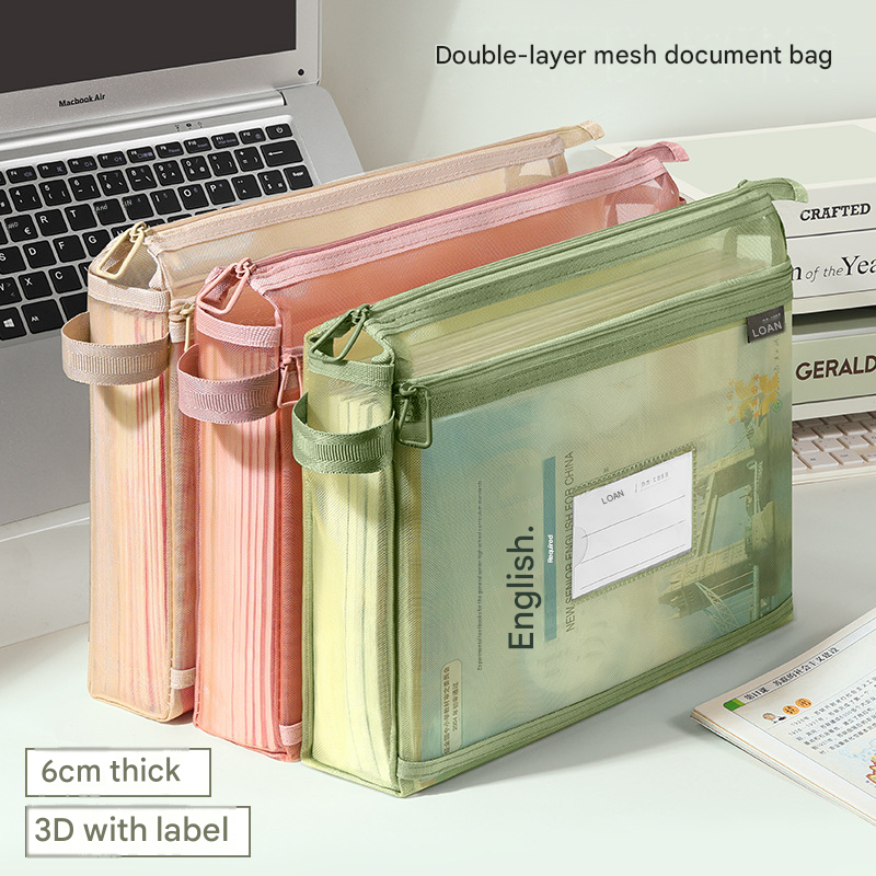 Smoky grey Double Layer Mesh File Bag with Handle Large Capacity Student Subject Organizer