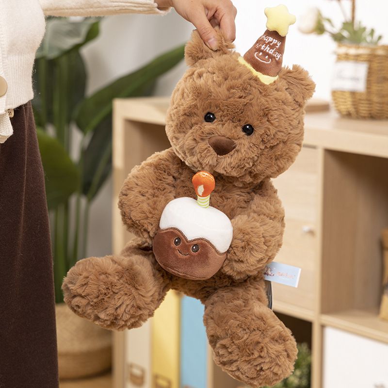 30cm Birthday Cake Teddy Bear Plush Toy - Soft Hugging Pillow with Party Hat(Bear with a Cake)