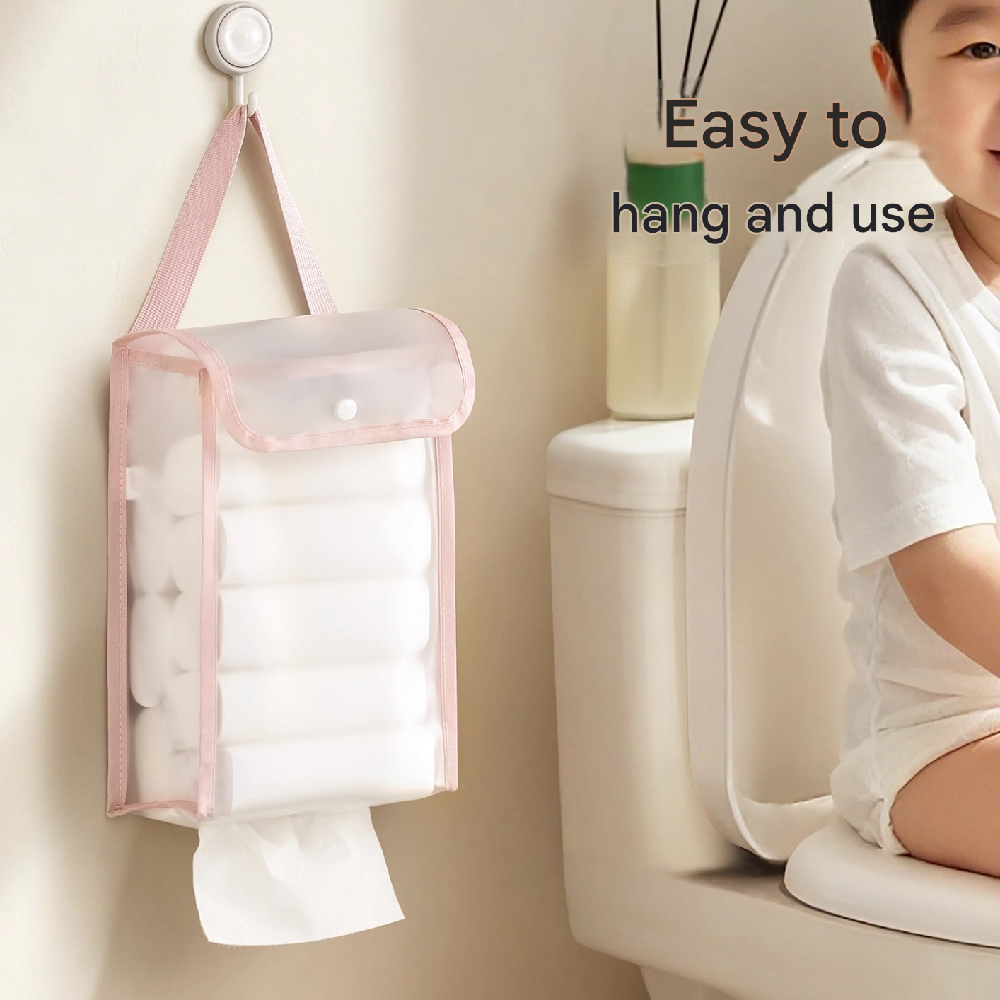 3 PCS White Wall Mounted Transparent Tissue Storage Bag Waterproof Hanging Holder with Adhesive Hook