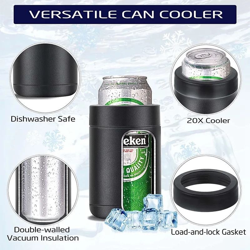 3-in-1 Beer Bottle Insulated Tumbler and Can Cooler with Bottle Opener – Double Wall Stainless Steel Soda Can Insulator & Holder for Car Outdoor Beverage Storage, 12oz Black
