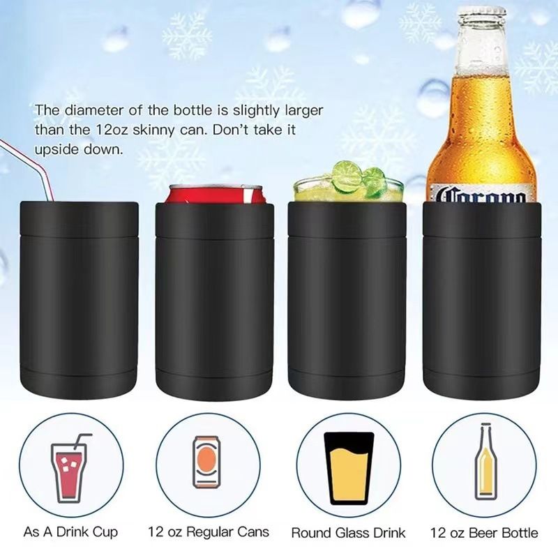 3-in-1 Beer Bottle Insulated Tumbler and Can Cooler with Bottle Opener – Double Wall Stainless Steel Soda Can Insulator & Holder for Car Outdoor Beverage Storage, 12oz Black