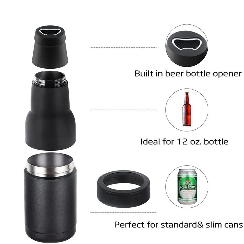 3-in-1 Beer Bottle Insulated Tumbler and Can Cooler with Bottle Opener – Double Wall Stainless Steel Soda Can Insulator & Holder for Car Outdoor Beverage Storage, 12oz Pink