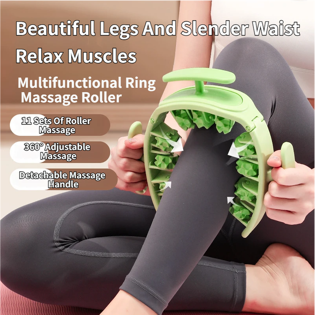 Green Multifunctional Ring Massage Roller with Detachable Handles - Dual Row 11 Wheel Manual Massager for Full Body Muscle Relief, 180 Degree Flexible Adjustable Width
