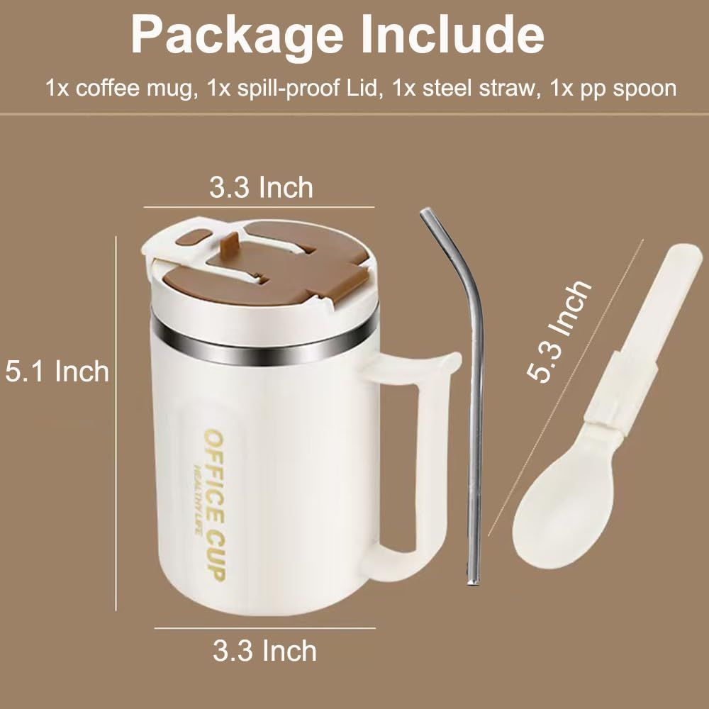 White and Brown 16oz Stainless Steel Office Mug with Phone Stand Lid, Straw and Spoon - 500ML Double Wall Insulated Coffee Cup, Wide Handle and 3 Drinking Ways