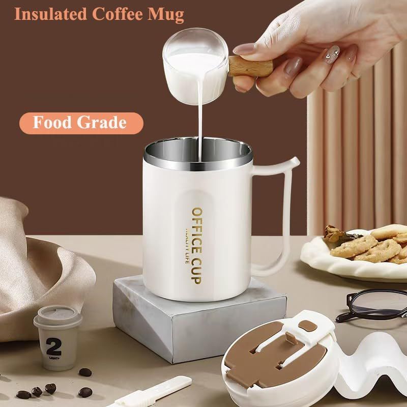 White and Blue 16oz Stainless Steel Office Mug with Phone Stand Lid, Straw and Spoon - 500ML Double Wall Insulated Coffee Cup, Wide Handle and 3 Drinking Ways