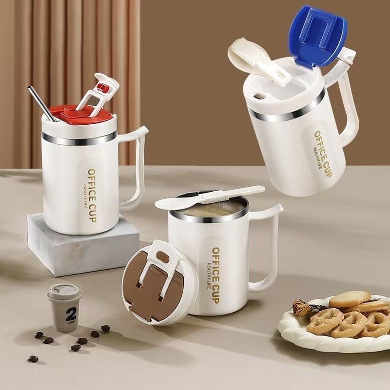 White and Blue 16oz Stainless Steel Office Mug with Phone Stand Lid, Straw and Spoon - 500ML Double Wall Insulated Coffee Cup, Wide Handle and 3 Drinking Ways