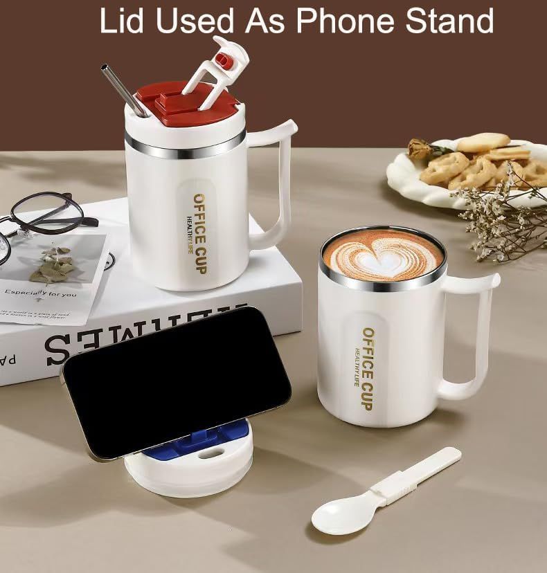 White and Red 16oz Stainless Steel Office Mug with Phone Stand Lid, Straw and Spoon - 500ML Double Wall Insulated Coffee Cup, Wide Handle and 3 Drinking Ways