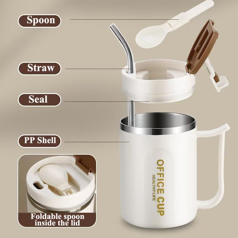 White and Grey 16oz Stainless Steel Office Mug with Phone Stand Lid, Straw and Spoon - 500ML Double Wall Insulated Coffee Cup, Wide Handle and 3 Drinking Ways