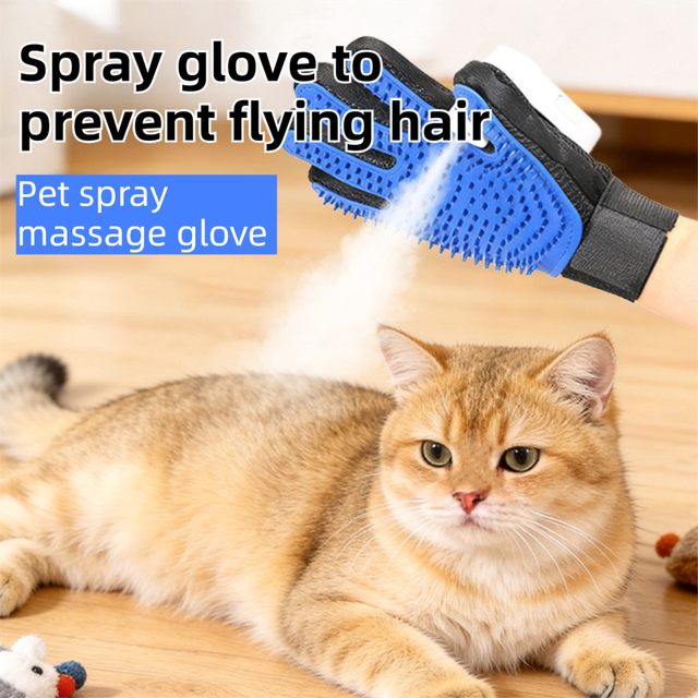 Black Blue Pet Grooming Spray Glove with Pink Detachable Typec Mister - TPR Soft Deshedding & Massage Brush Glove for Cats and Dogs, Anti Static Spray to Reduce Flying Fur and Easy to Clean
