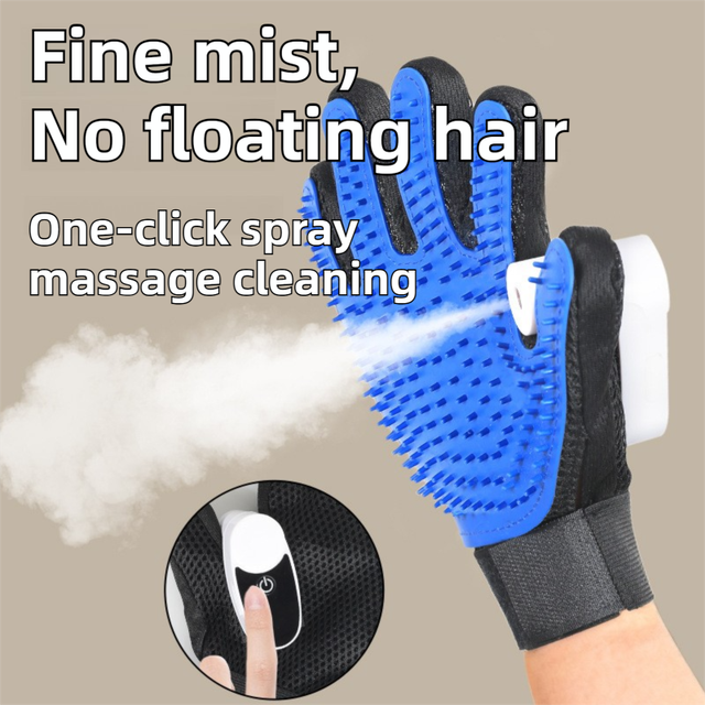 2PCS Black Blue Pet Grooming Spray Glove with Pink & White Detachable Typec Mister - TPR Soft Deshedding & Massage Brush Glove for Cats and Dogs, Anti Static Spray to Reduce Flying Fur and Easy to Clean