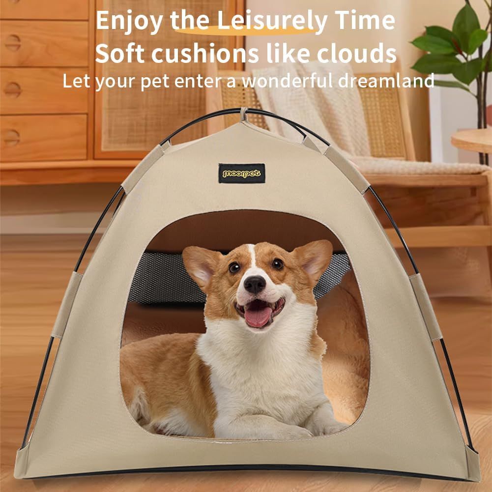 Khaki All-Weather Portable Pet Tent with Dual-Sided Cushion & Insect-Proof Mesh – S Size 40 x 40 x 35 cm, Waterproof & Sun-Proof Outdoor Four Corner Dome Kennel for Dogs & Cats Travel Camping