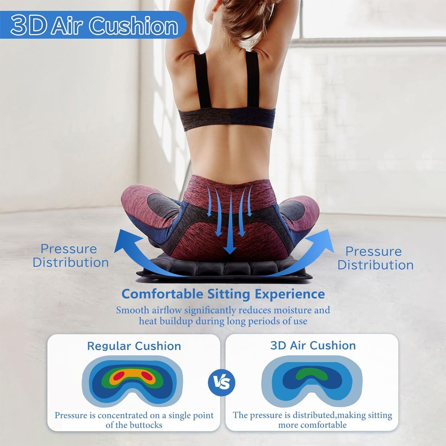 Bohemian Style Portable 3D Aircell Travel Inflatable Seat Cushion with Built-in Pump – 36 Airbags Ergonomic Pressure Relief Pad with Lycra Cover & Non-Slip Base for Office Car Flight Long Sitting