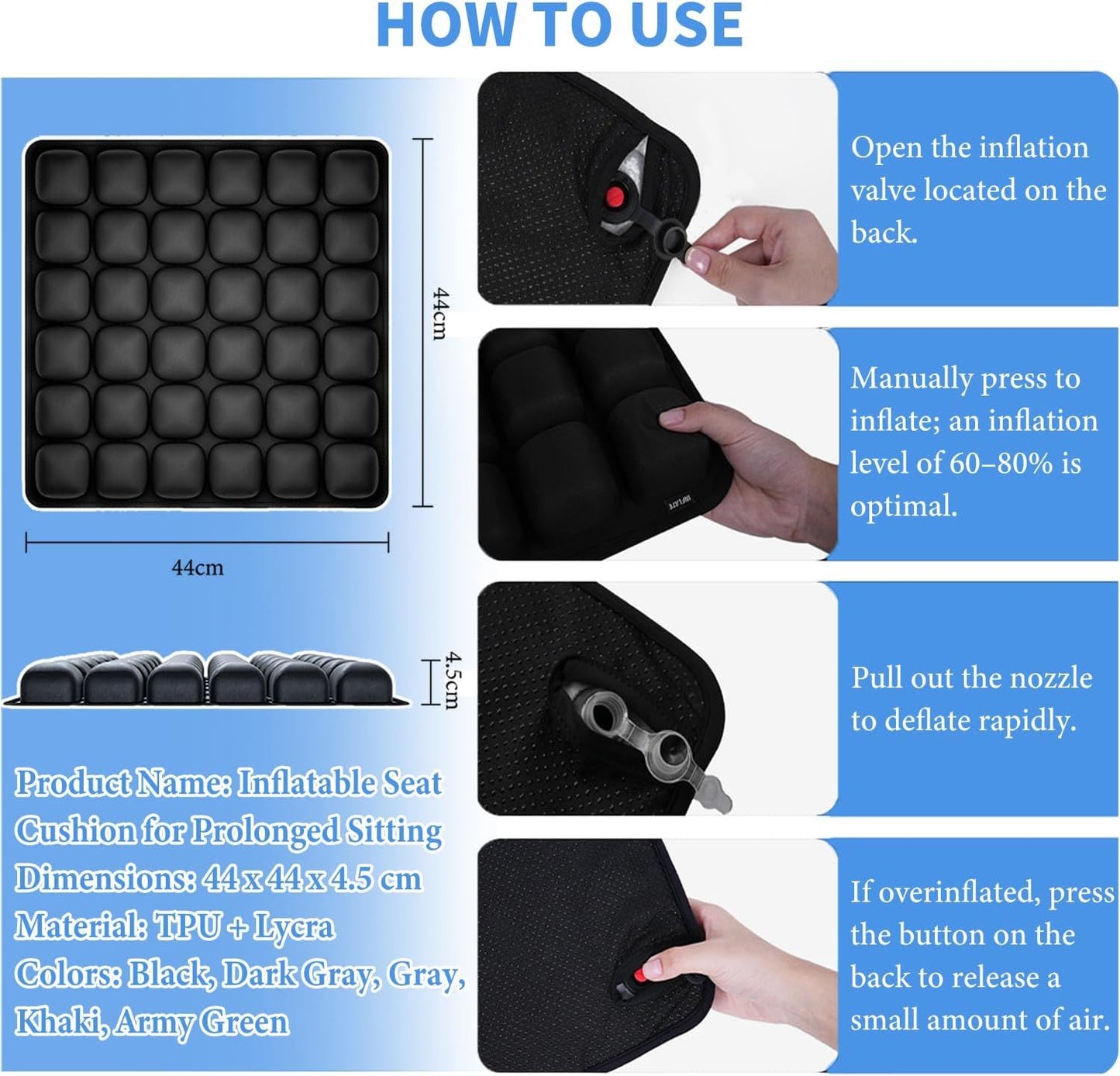 Bohemian Style Portable 3D Aircell Travel Inflatable Seat Cushion with Built-in Pump – 36 Airbags Ergonomic Pressure Relief Pad with Lycra Cover & Non-Slip Base for Office Car Flight Long Sitting