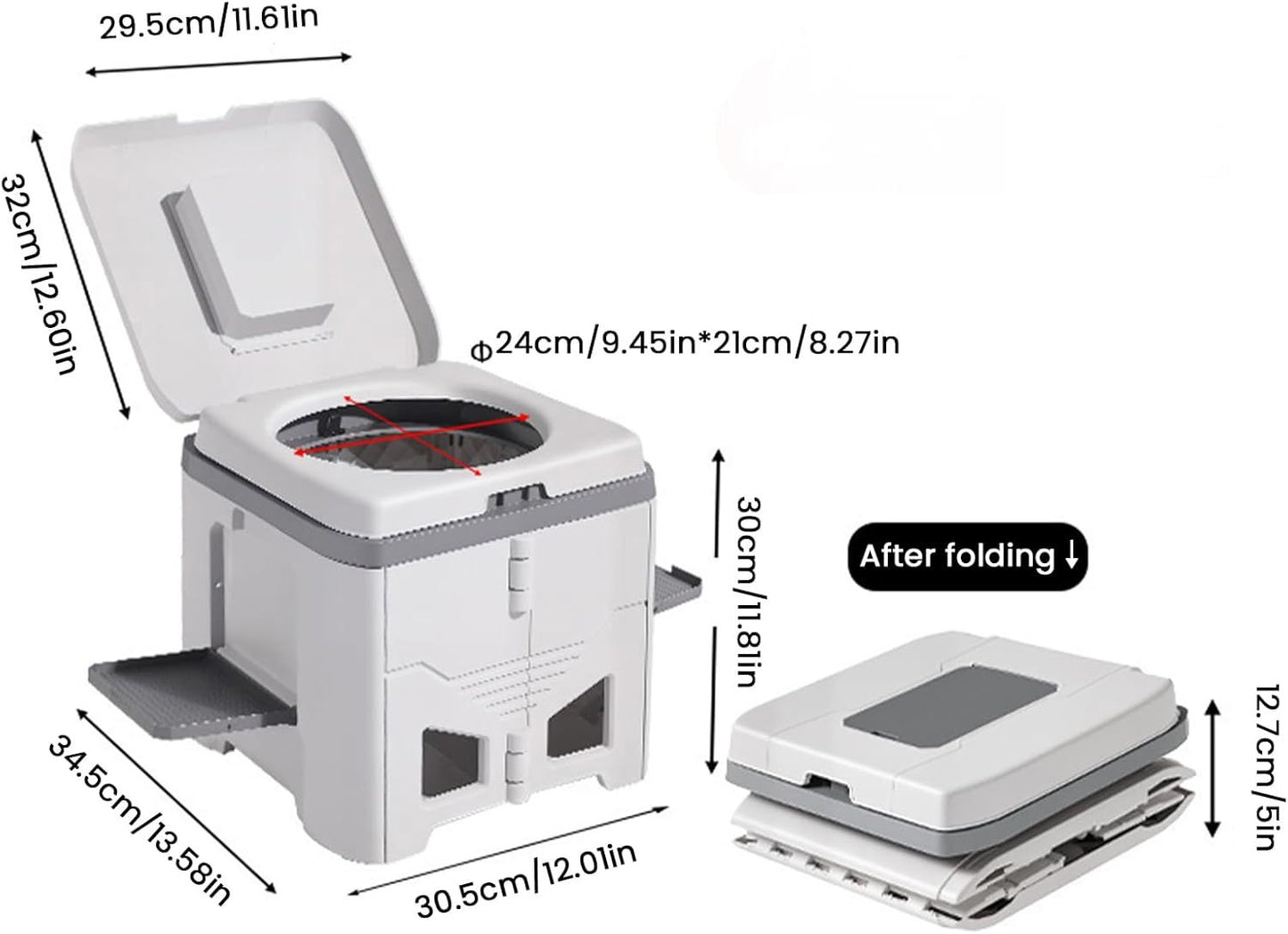 Portable Travel Toilet with Integrated Dual Storage Wings & Odor-Proof Lid – Ergonomic Reusable Foldable Commode with 12.7cm Folding Height for Car Travel & Outdoor Use (White)