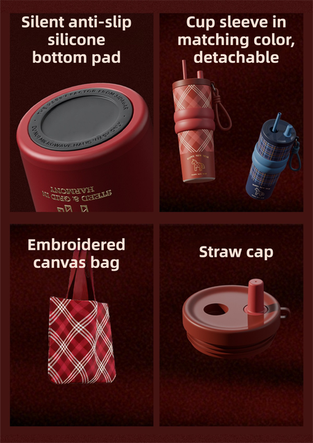 Black British Equestrian Plaid 710ML Insulated Travel Mug with Dual-Drink Lid, Straw & Straw Cap - Ceramic Liner Car Coffee Tumbler with Tea Water Separator Ball and Matching Protective Sleeve (Delux Gift Box)