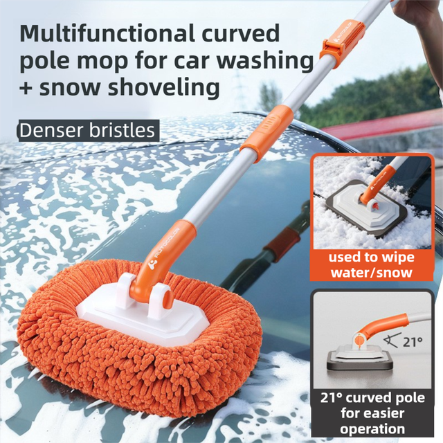 Orange 21° Curved Car Wash Mop and Snow Scraper with 180°Rotating Detachable Pole & 2 x Extra Large Microfiber Brush Cover – 3 Section Telescopic (58–118 CM) Aluminum Alloy Cleaning Brush for Vehicle and Home Care