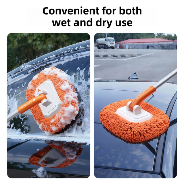 Orange 21° Curved Car Wash Mop and Snow Scraper with 180°Rotating Detachable Pole & 2 x Extra Large Microfiber Brush Cover – 3 Section Telescopic (58–118 CM) Aluminum Alloy Cleaning Brush for Vehicle and Home Care