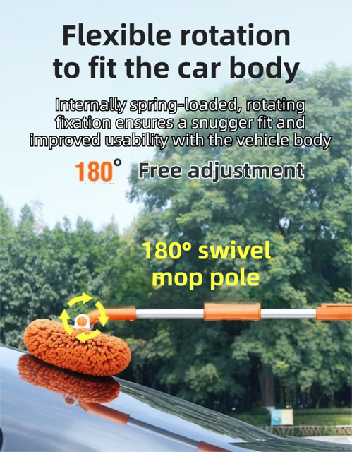 Orange 21° Curved Car Wash Mop and Snow Scraper with 180°Rotating Detachable Pole & 2 x Extra Large Microfiber Brush Cover – 3 Section Telescopic (58–118 CM) Aluminum Alloy Cleaning Brush for Vehicle and Home Care