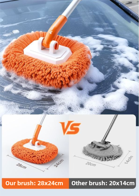 Orange 21° Curved Car Wash Mop and Snow Scraper with 180°Rotating Detachable Pole & 2 x Extra Large Microfiber Brush Cover – 3 Section Telescopic (58–118 CM) Aluminum Alloy Cleaning Brush for Vehicle and Home Care