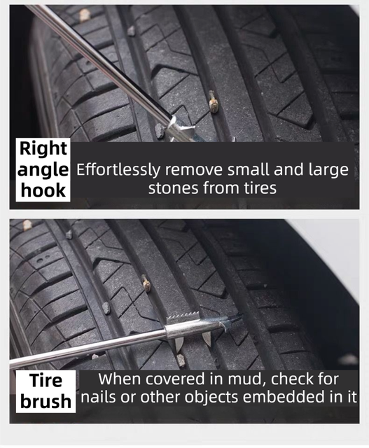 Multifunctional Car Tire Stone Remover Hook with Storage Bag, Zinc Alloy 4-Head Pick & Tire Brush – 28cm Stainless Steel Cleaning Tool Built-In Screwdriver and Emergency Window Breaker