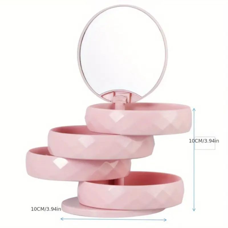 2-Pack 4-Tier Rotating Jewelry Organizer Box with Adjustable Mirror & Diamond Cut Design – Compact 360° Swivel Earring Stud Necklace Storage Box for Vanity Countertop, 10 x 10cm, Pink