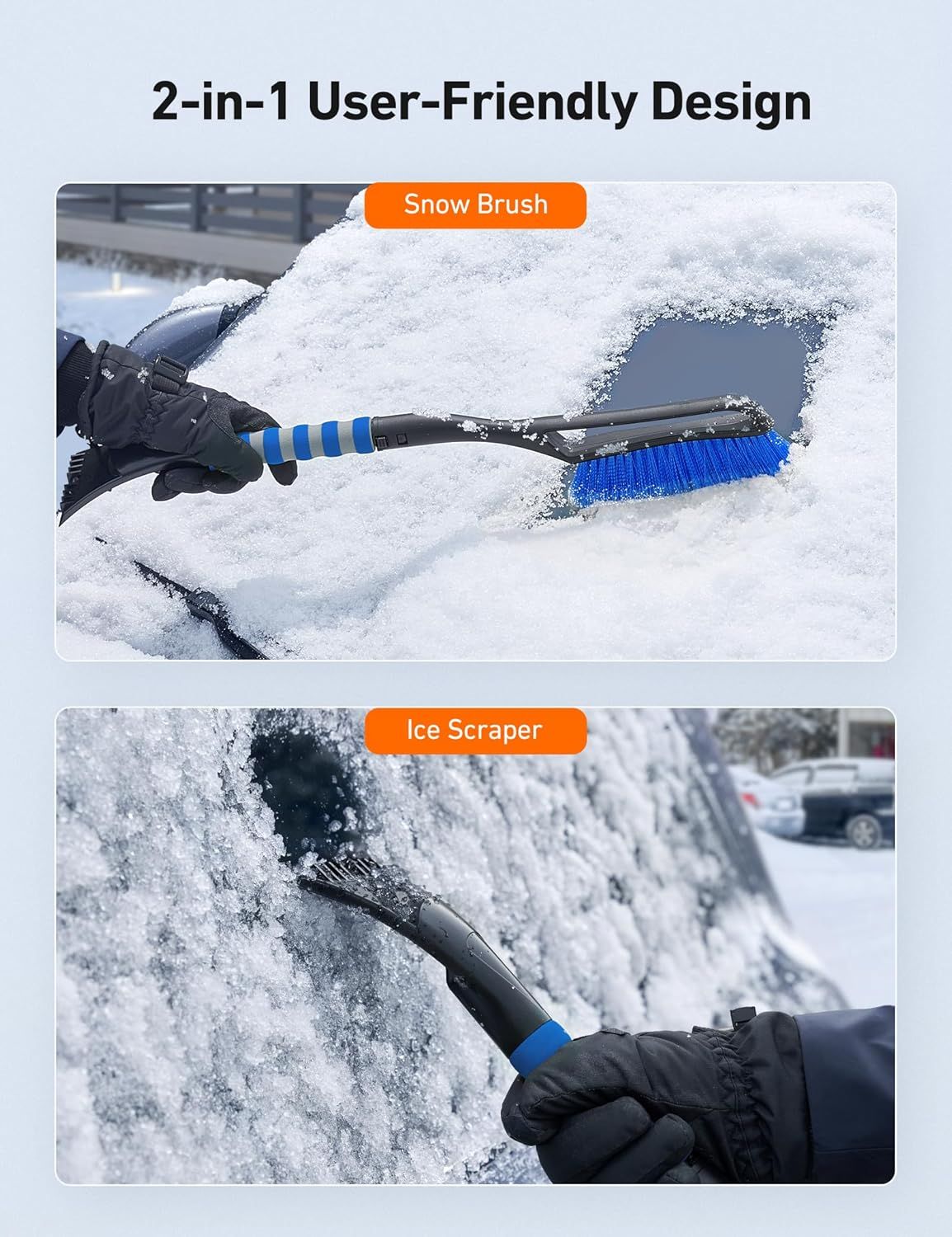 27" Car Snow Brush and Ice Scraper – 2-in-1 Detachable Car Windshield Winter Clearing Tool with Soft Foam Grip & Paint-Safe Scraping Chutes for Cars, Trucks, SUVs (Heavy Duty ABS, Thickened Nylon Brush, Blue)