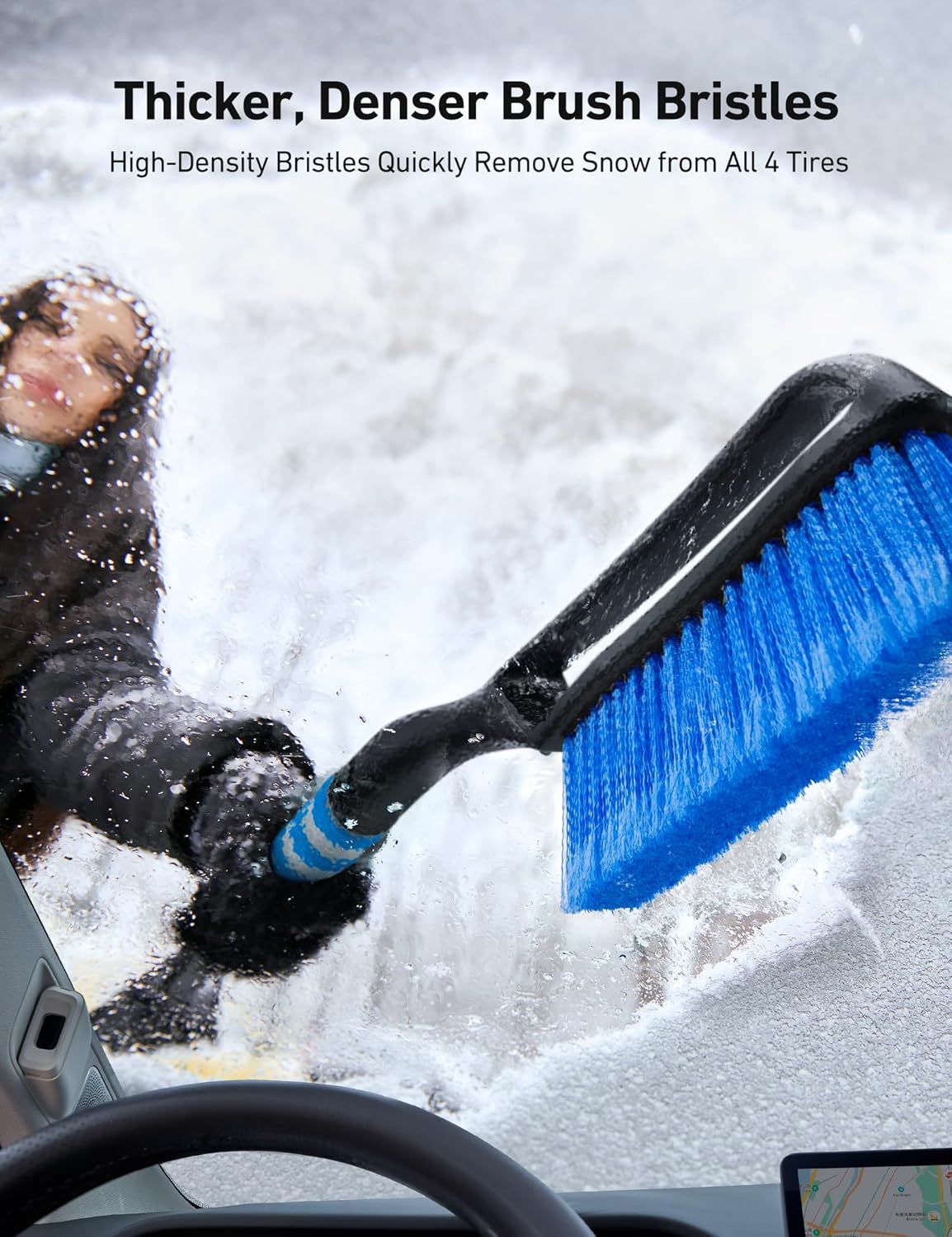 27" Car Snow Brush and Ice Scraper – 2-in-1 Detachable Car Windshield Winter Clearing Tool with Soft Foam Grip & Paint-Safe Scraping Chutes for Cars, Trucks, SUVs (Heavy Duty ABS, Thickened Nylon Brush, Blue)