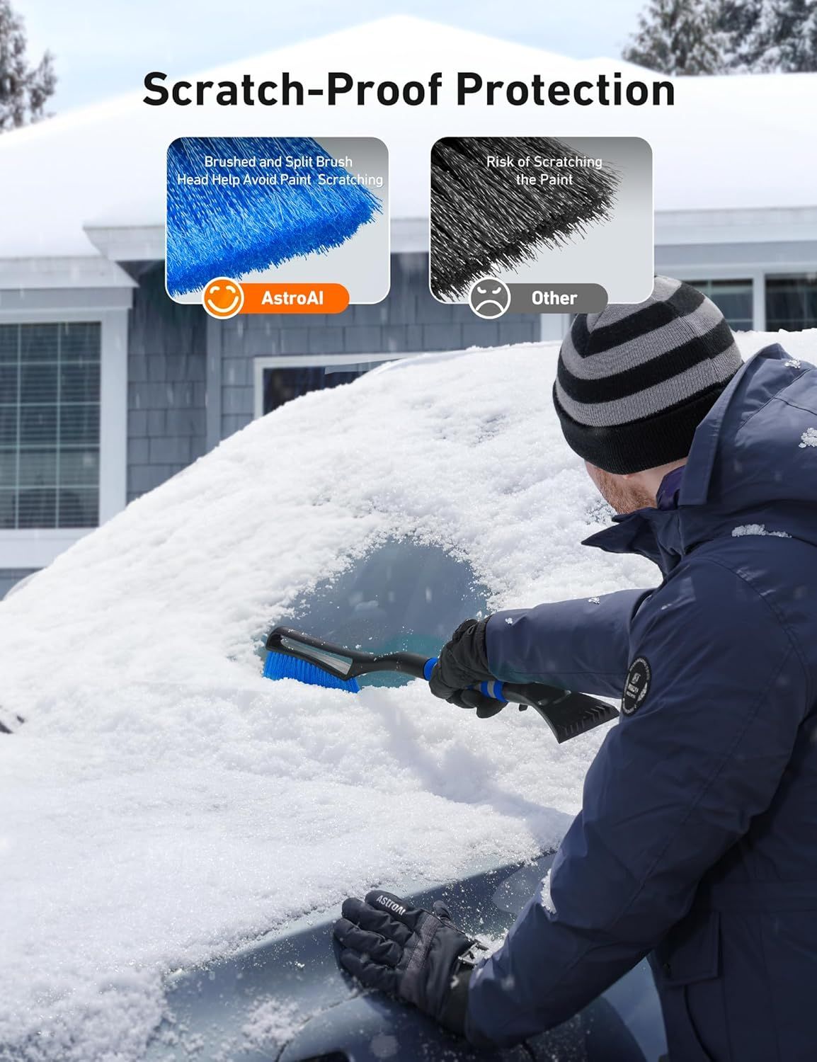 27" Car Snow Brush and Ice Scraper – 2-in-1 Detachable Car Windshield Winter Clearing Tool with Soft Foam Grip & Paint-Safe Scraping Chutes for Cars, Trucks, SUVs (Heavy Duty ABS, Thickened Nylon Brush, Blue)