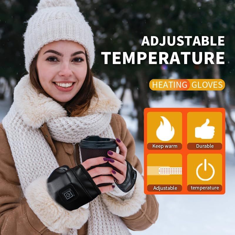 1 Pairs Wireless Electric 3 Levels Heated Fingerless Gloves  with Windproof Waterproof PU Leather, USB-C Rechargeable Outdoor Activities Hand Warmer for Men Women Riding Home Office