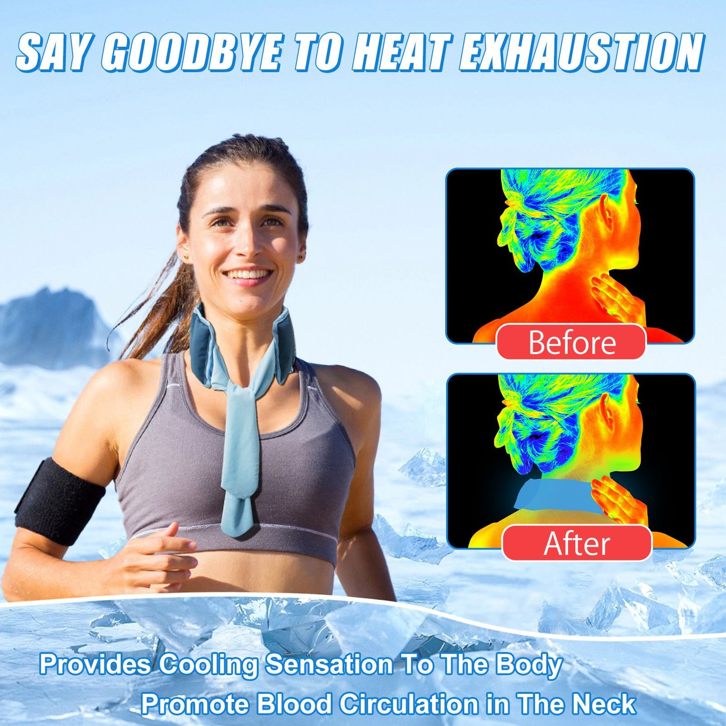 Green and Grey Reusable Evaporative Physical Cooling Scarf – Long Ice Neck Wrap Bandana with Hydrogel Crystals for Outdoor Sports, Fitness & Heatwave Alleviation