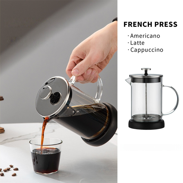 350ML Premium Dual-Layer Borosilicate Glass French Press Coffee Maker with 304 Stainless Steel Lid – High-Density 3D Filter Mesh Cafetiere, Manual Milk Frother and Tea Infuser Pot