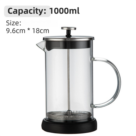 1000ML Premium Dual-Layer Borosilicate Glass French Press Coffee Maker with 304 Stainless Steel Lid – High-Density 3D Filter Mesh Cafetiere, Manual Milk Frother and Tea Infuser Pot