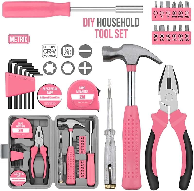 24-Piece Yellow Multifunctional Home Tool Kit for Women - Compact Mini Starter Hardware Set with Hammer, Pliers, Screwdrivers - Portable Household Hand Tools for DIY Assembly & Gift Giving